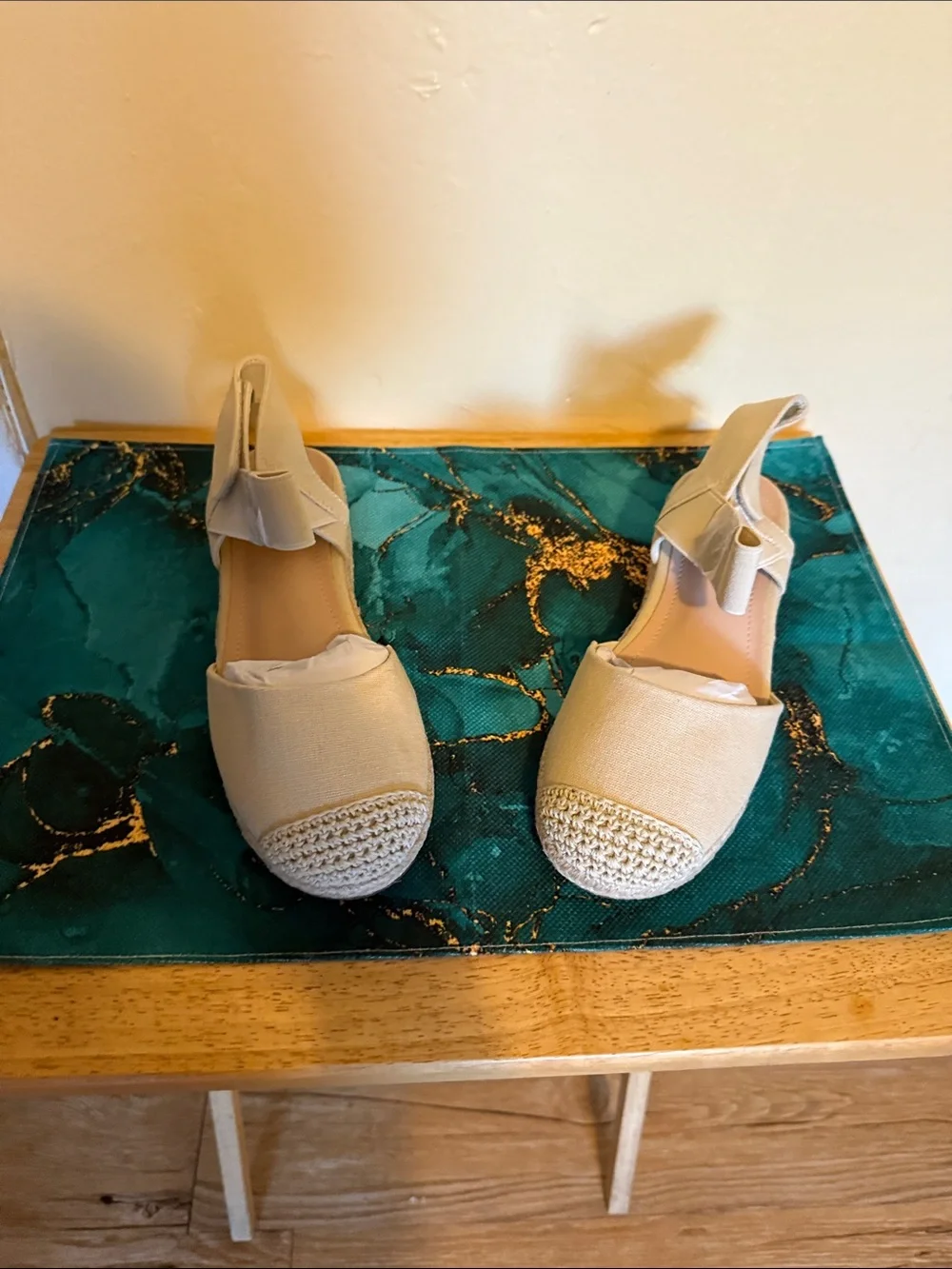 Women's Beige Canvas Espadrille Flats with Ankle Tie